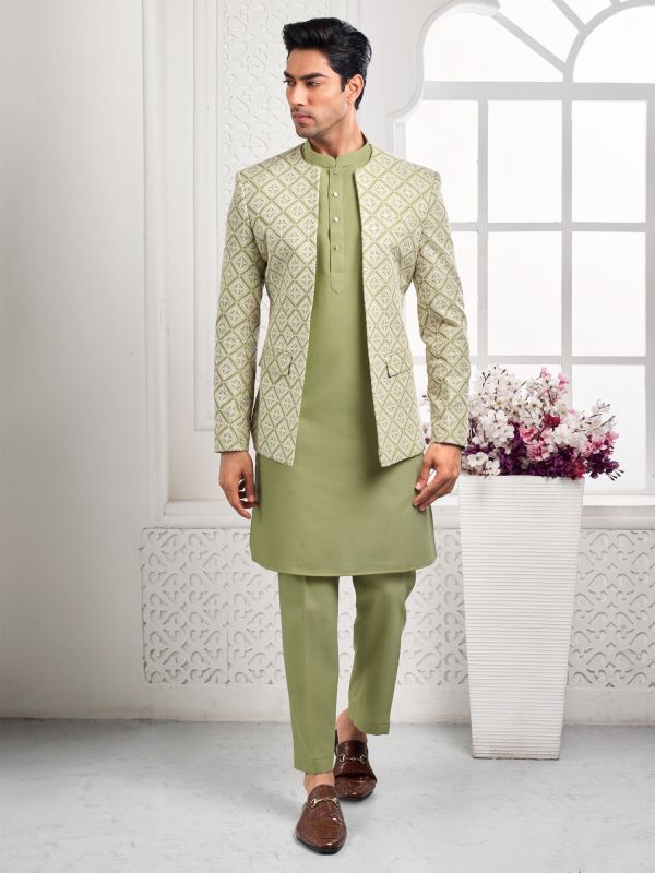 Olive Green Embroidered Kurta Pyjama With Jacket
