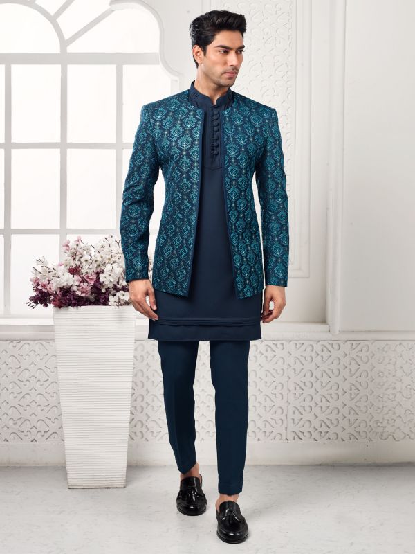 Navy Blue Kurta Pyjama With Embroidered Jacket