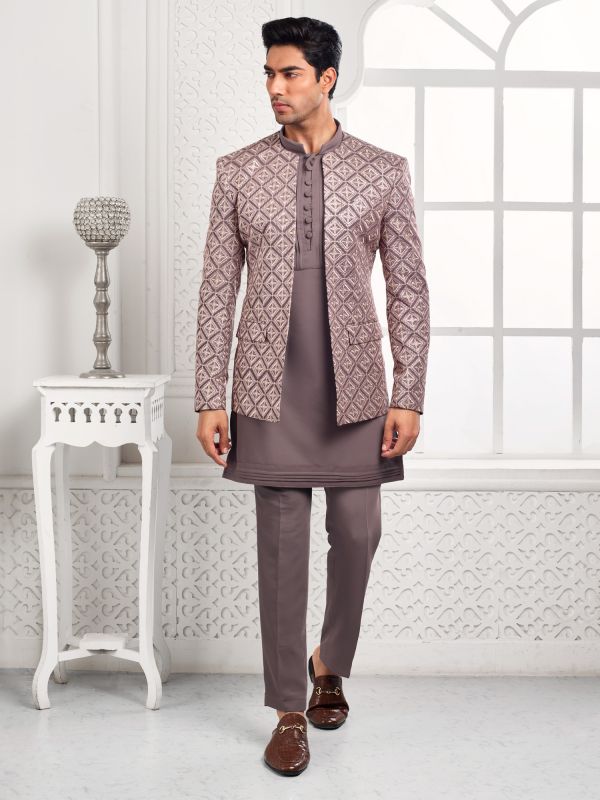 Mauve Pink Mens Kurta Pyjama With Jacket