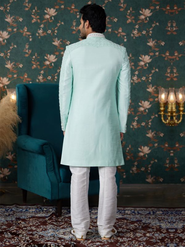 Pale Turquoise Wedding Wear Men's Sherwani In Silk