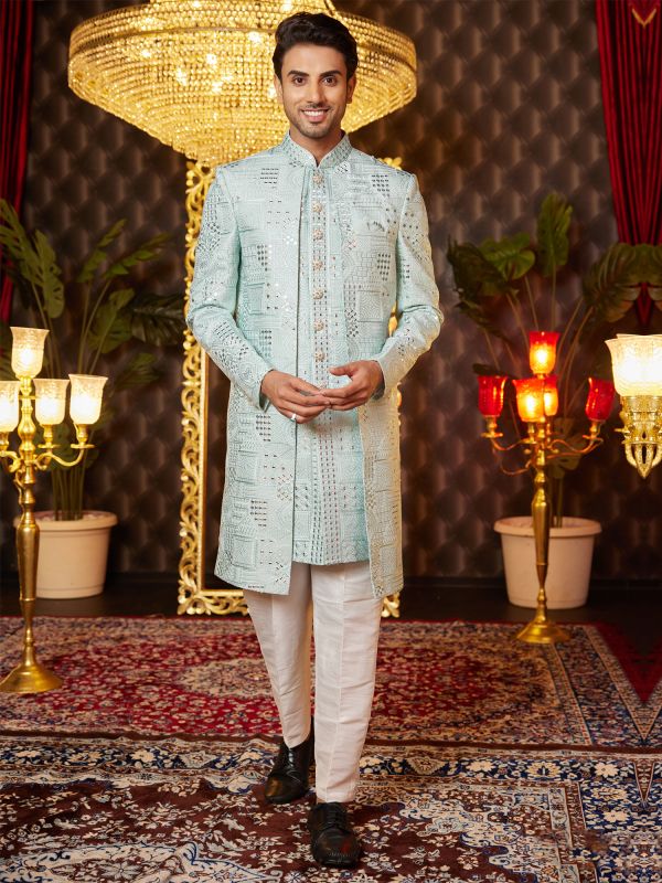 Turquoise Thread Embellished Indowestern For Men