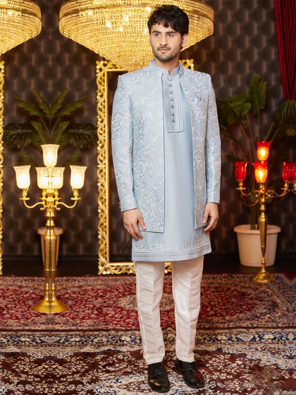 Steel Blue Wedding Indowestern With Open Jacket