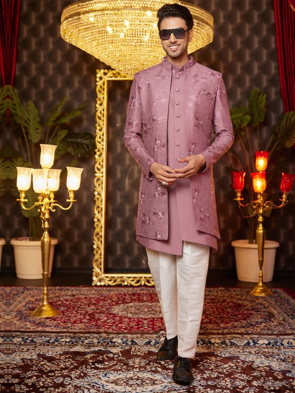 Pink Embroidered Jacketed Style Mens Indowestern Set In Silk