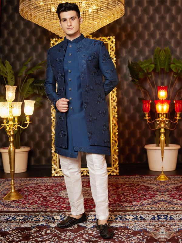 Navy Blue Thread Enhanced Indowestern In Jacketed Style
