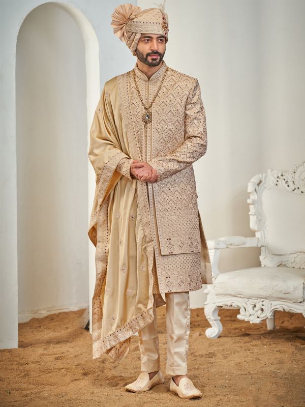 Golden Layered Wedding Sherwani With Stole