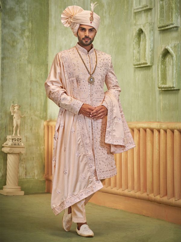 Peach Wedding Wear Sherwani Set Stone Embellishment