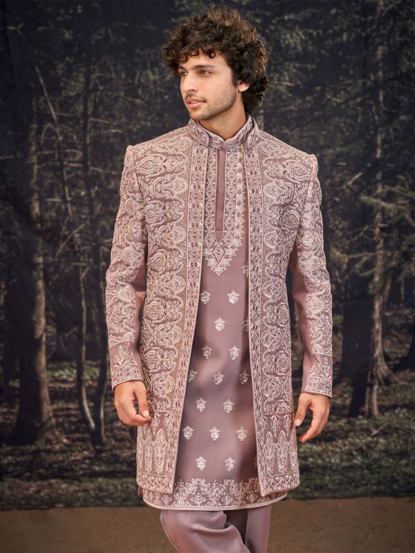 Onion Pink Wedding Indowestern With Open Jacket