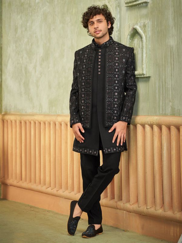 Black Menswear Indowestern With Embroidered Jacket