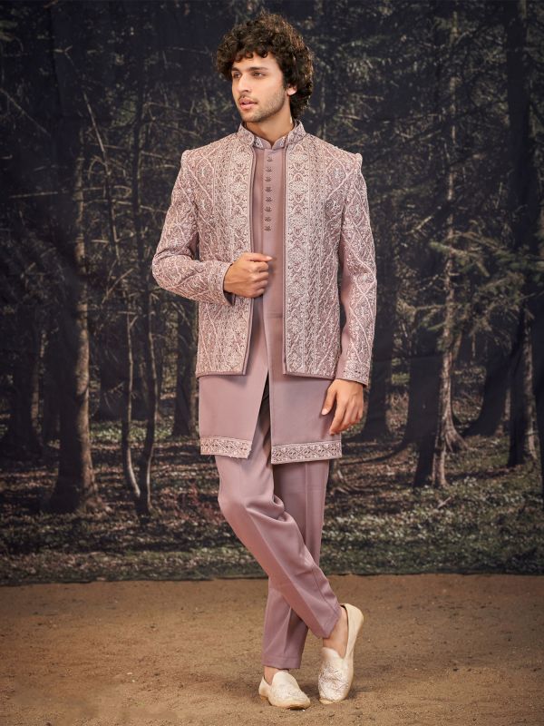 Pink Thread Enhanced Men's Indowestern Set In Silk