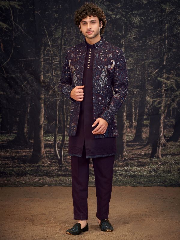 Wine Men's Jacketed Style Indowestern Set In Silk