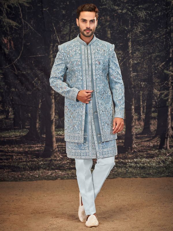 Light Blue Sequins Work Layered Stylle Indowestern