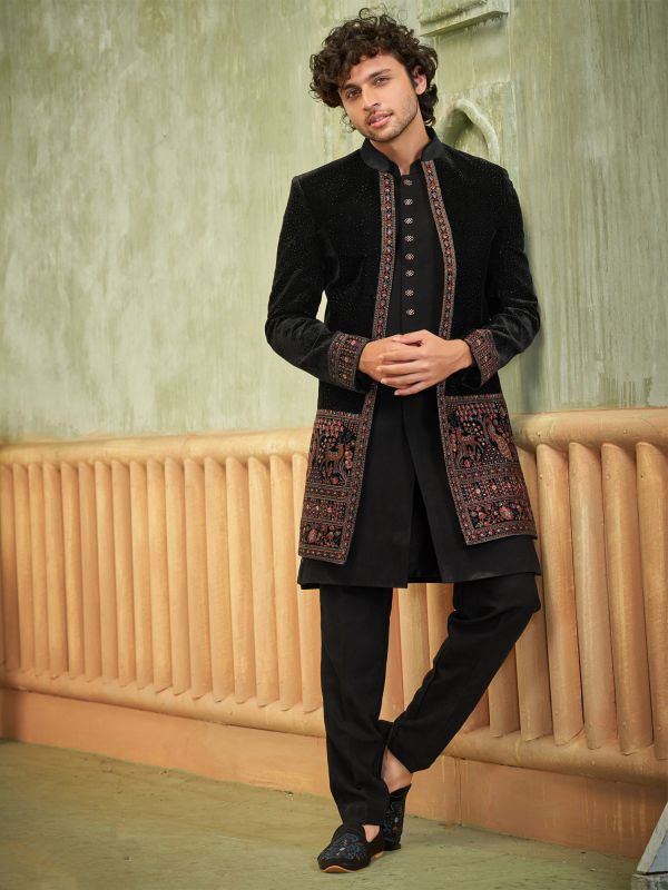 Black Thread Embellished Indo Western For Men