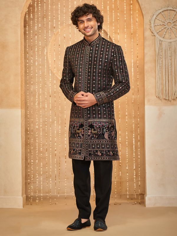 Black Floral Embroidered Achkan Style Indowestern