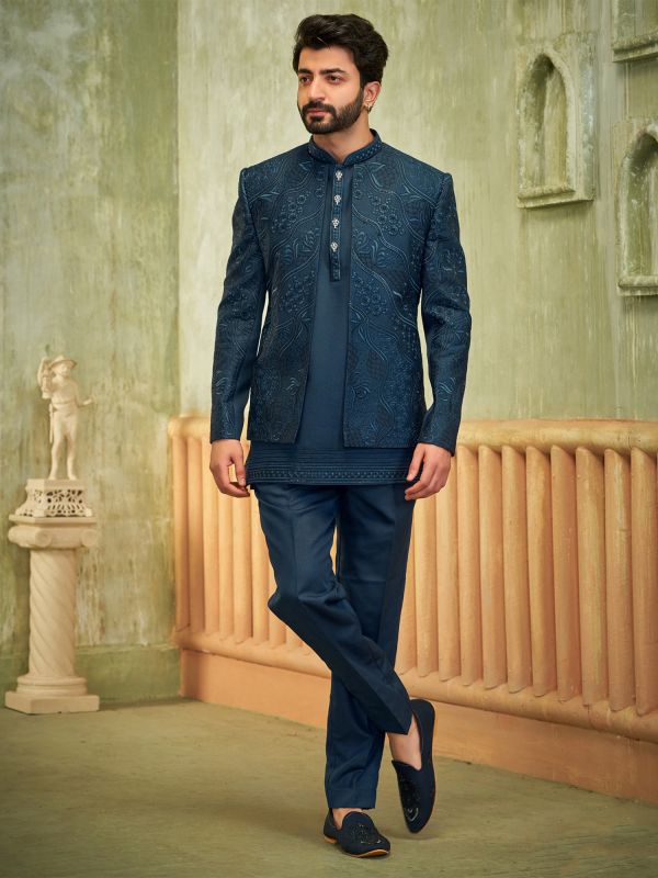 Teal Blue Wedding Men's Indowestern With Jacket