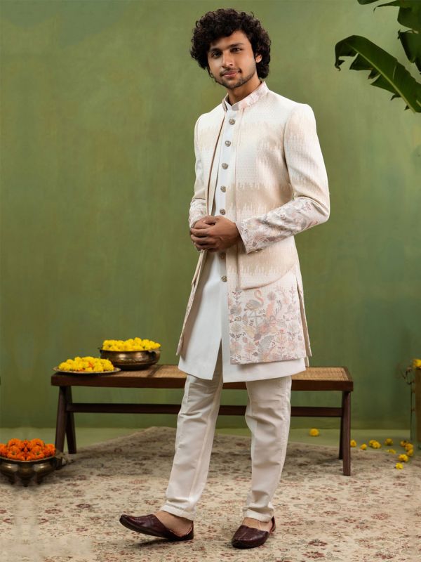 Cream Layered Jacket Style Wedding Indowestern