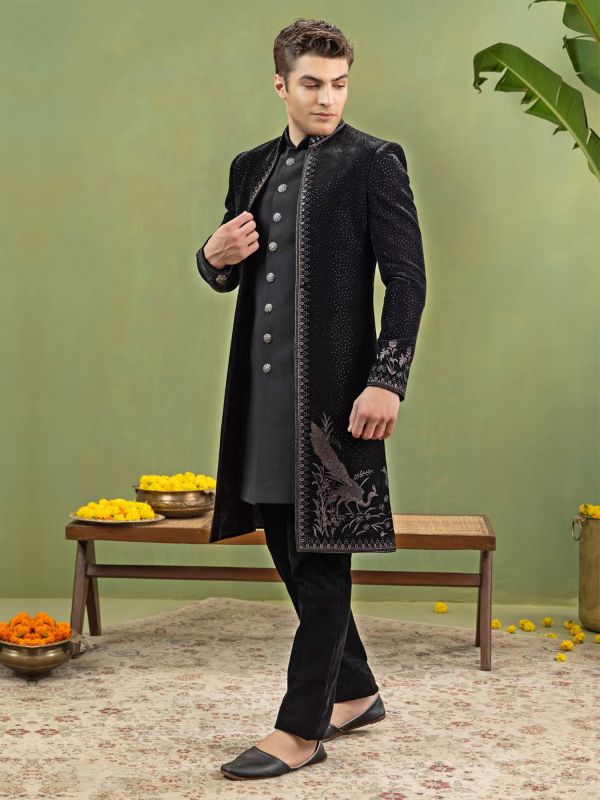 Black Wedding Indowestern In Stone Embellishment