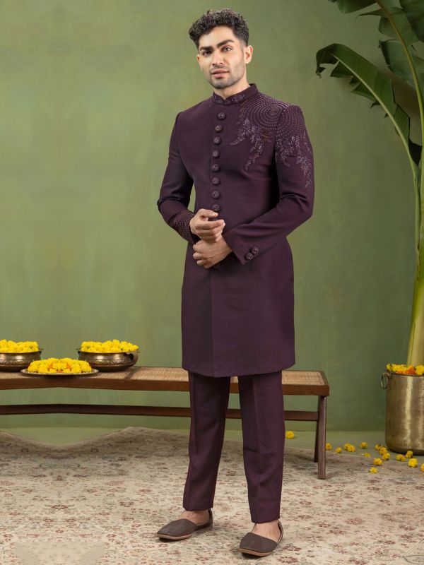 Wine Embroidered Indo Western Set For Mens