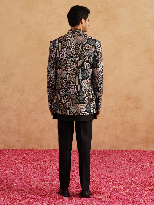 Black Bandhgala Suit In Floral Thread Embroidery