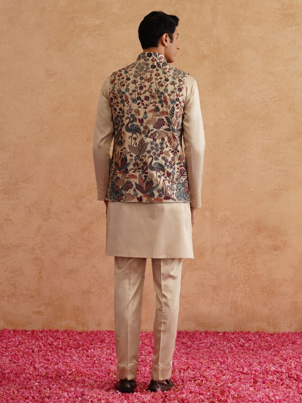 Beige Men's Festive Kurta Pyjama Set With Jacket
