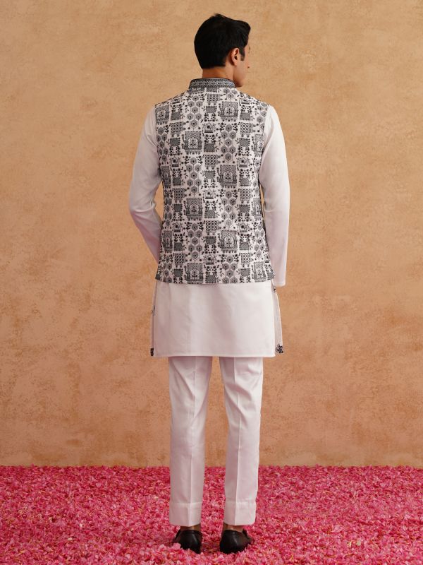 White Men's Kurta Set In Silk In Thread Work