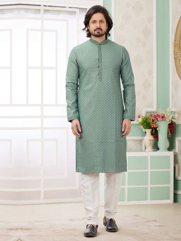 Green Silk Kurta Set In Thread Embroidery