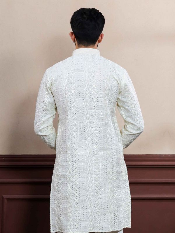 White Embroidered Men's Readymade Kurta Set