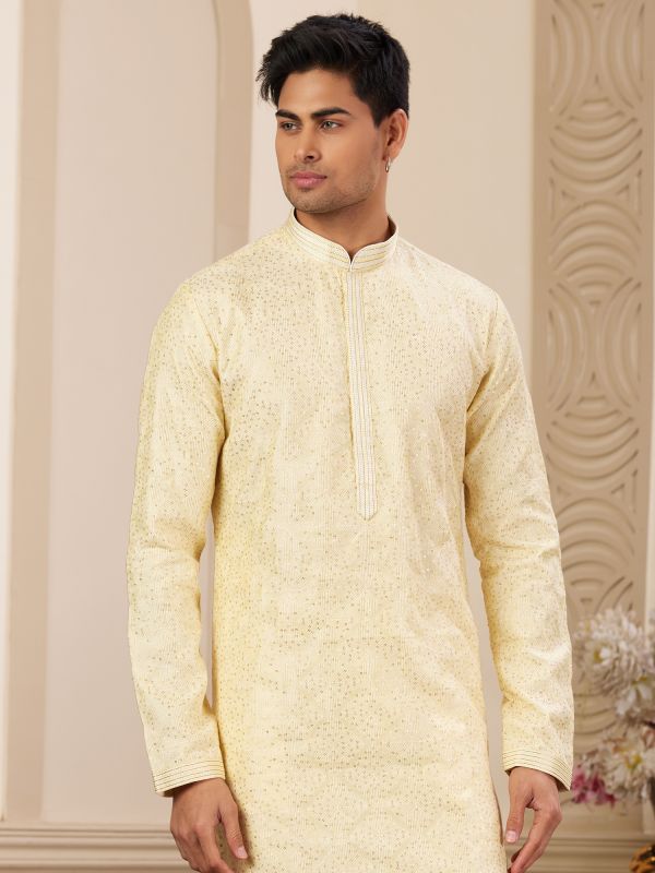 Light Yellow Kurta Pyjama In Silk For Mens