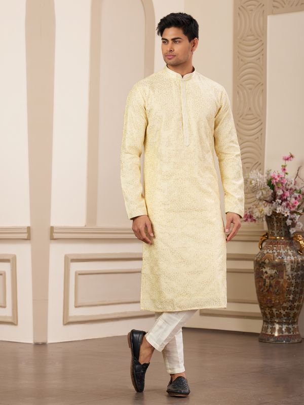 Light Yellow Kurta Pyjama In Silk For Mens