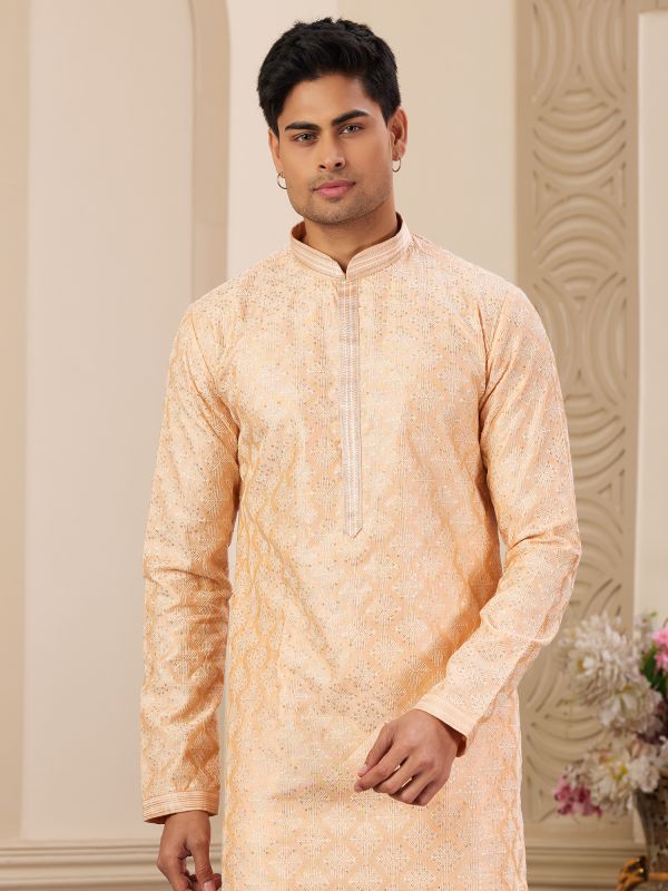 Orange Sequins Embroidered Readymade Kurta Set