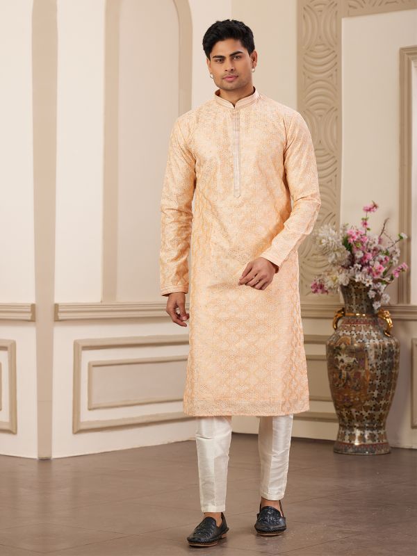 Orange Sequins Embroidered Readymade Kurta Set