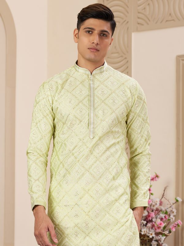 Green Sequins Embellished Men's Kurta Pyjama