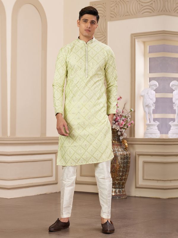 Green Sequins Embellished Men's Kurta Pyjama