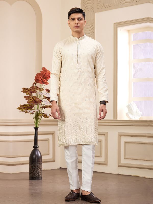 Cream Sequins Agumented Readymade Kurta Pyjama