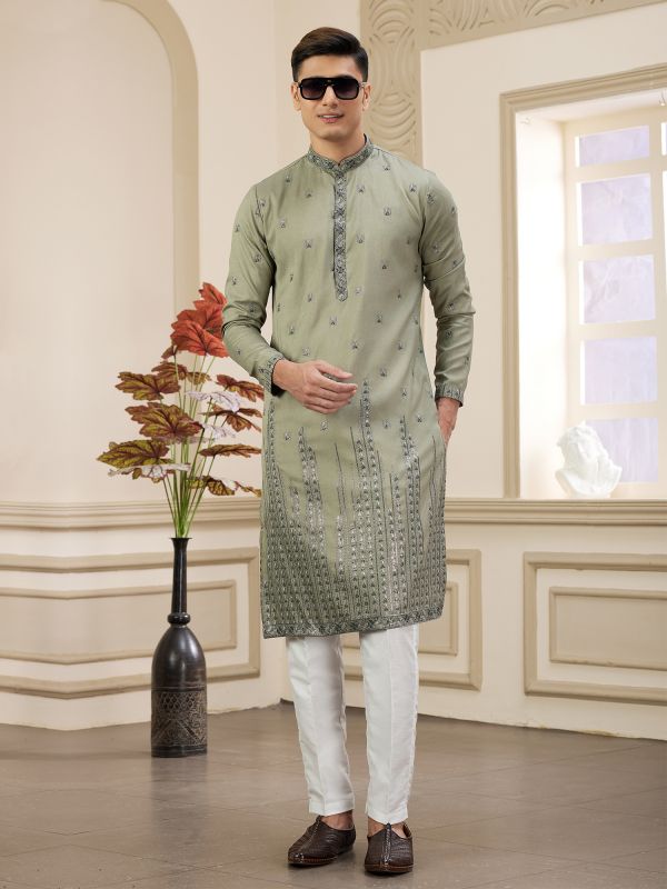 Sage Green Thread Work Kurta Pyjama Set
