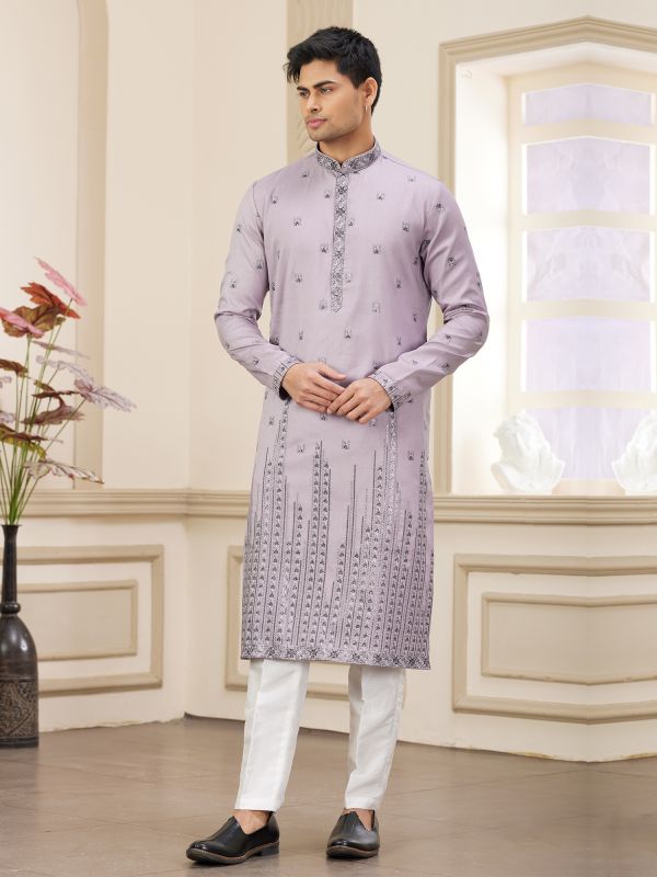 Purple Readymade Kurta Pyjama In Thread Work