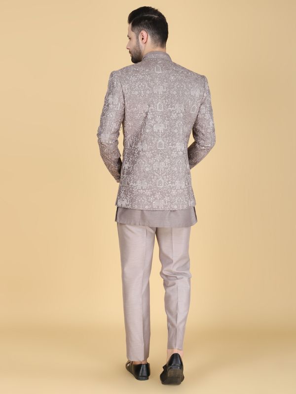Grey Men's Bandhgala Set In Floral Embroidery