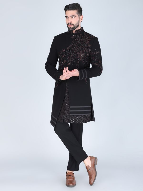 Black Asymmetric Pattern Indowestern Set In Silk