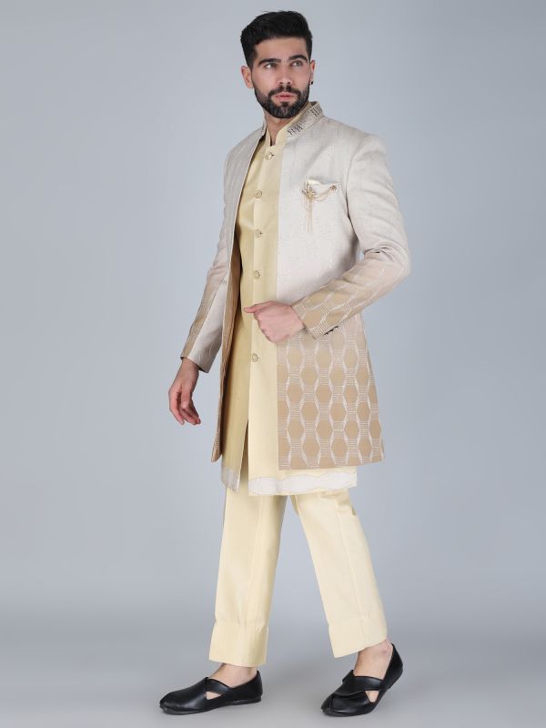Ivory Cream Silk Indowestern With Ombre Shaded Jacket