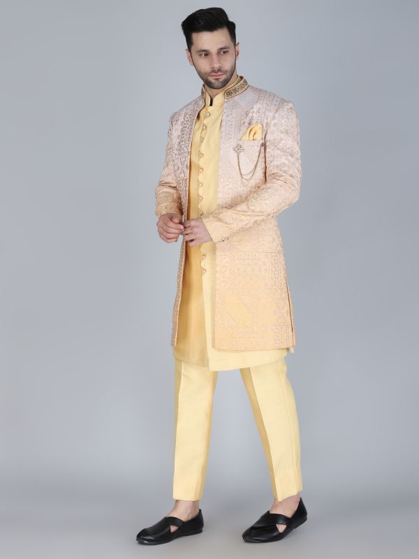 Yellow Sequins Work Indowestern With Shaded Jacket
