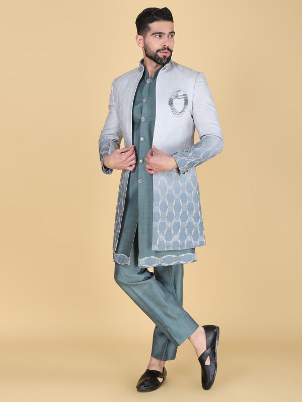 Green Menswear Indo Western With Embroidered Jacket