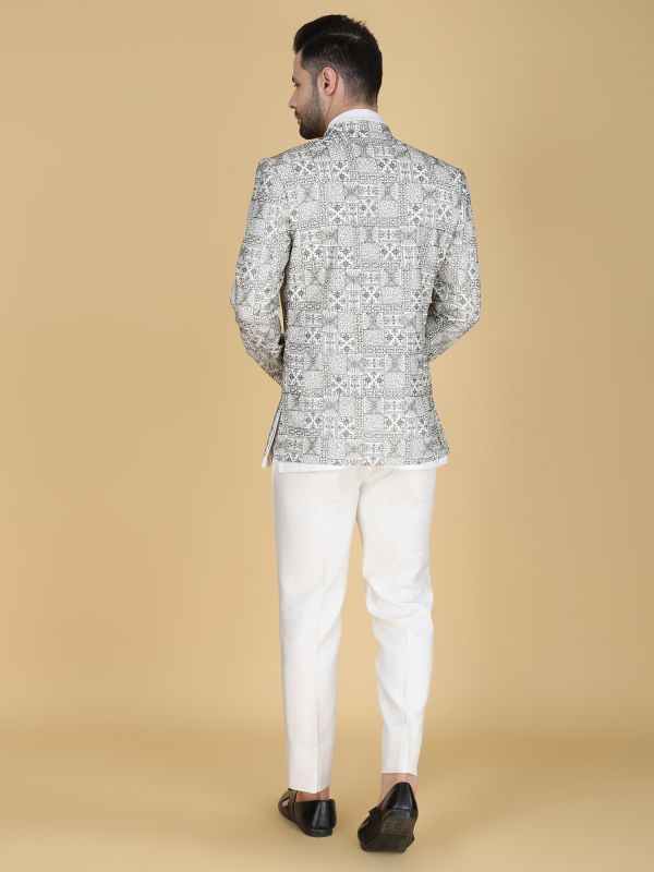 White Silk Mandarin Suit With Front Open Jacket