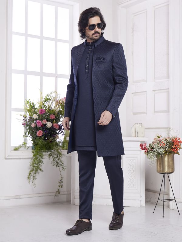 Midnight Blue Silk Indo Western For Mens With Jacket