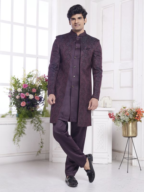 Wine Floral Work Wedding Indowestern Set In Jacquard