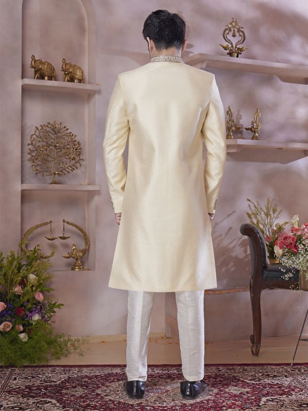 Ivory Cream Men's Sherwani In Banarasi Silk