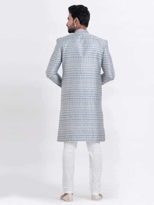 Grey Men's Wear Indowestern In Jacquard Silk