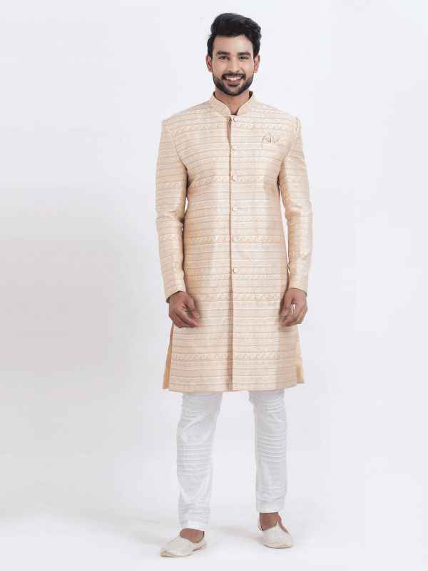 Cream Silk Indo Western Set In Print For Mens