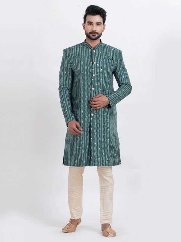 Peacock Green Printed Men's Indowestern Set
