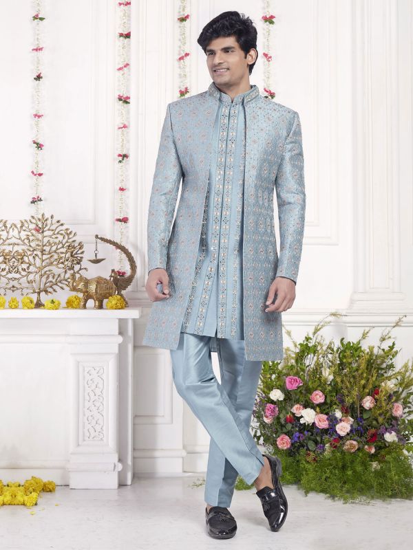Blue Floral Thread Embellished Indowestern For Mens