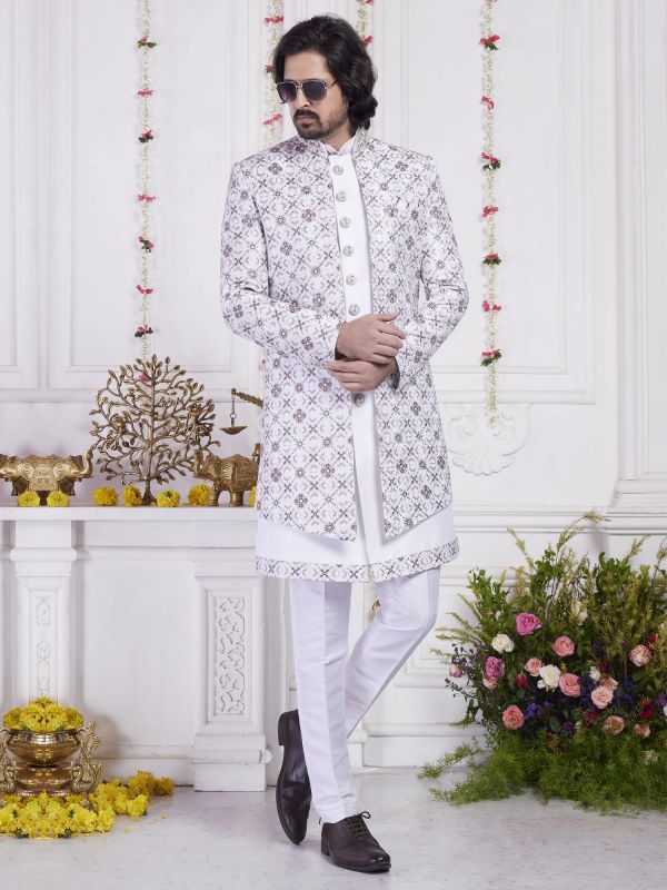 White Floral Work Men's Wear Indowestern In Silk