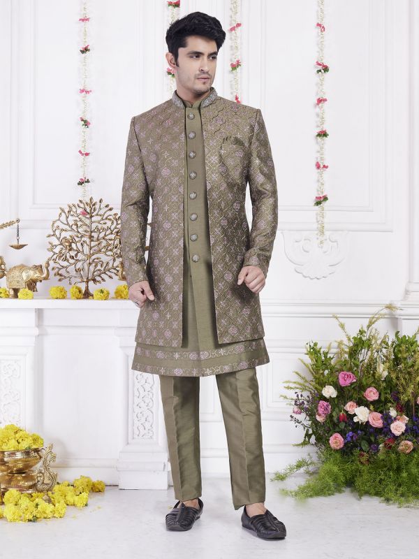 Green Wedding Indowestern Set In Jacket Style